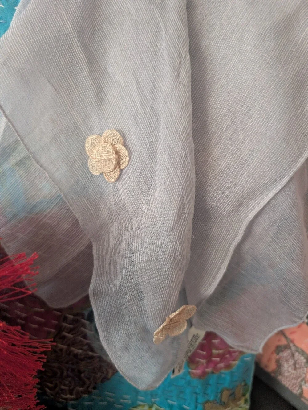 Silk grey scarf w crochet like flowers, made in Italy